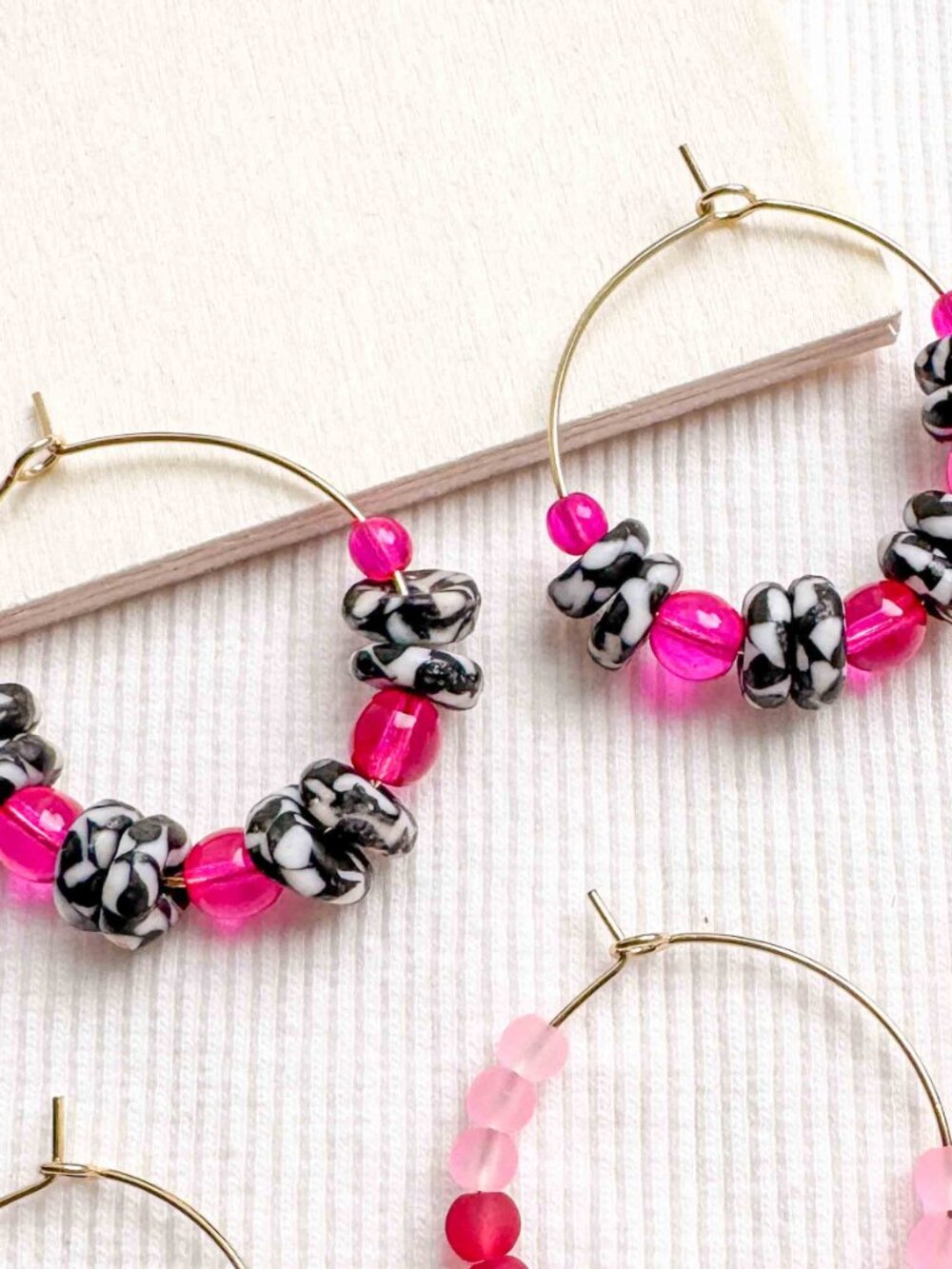 Recycled Glass Hoop Earrings Pink Black White Stainless Steel Beaded - Picture 11 of 12